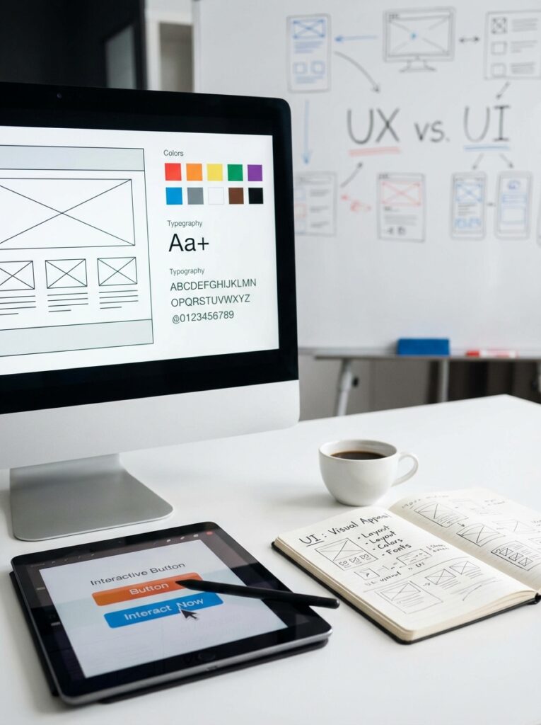 ai-photo-studio-1766941738699-1 Computer and tablet on desk showcasing UX vs. UI design concepts with sketches, typography, and color palettes, next to a coffee cup and notebook. | Sky Rye Design Computer and tablet on desk showcasing UX vs. UI design concepts with sketches, typography, and color palettes, next to a coffee cup and notebook.