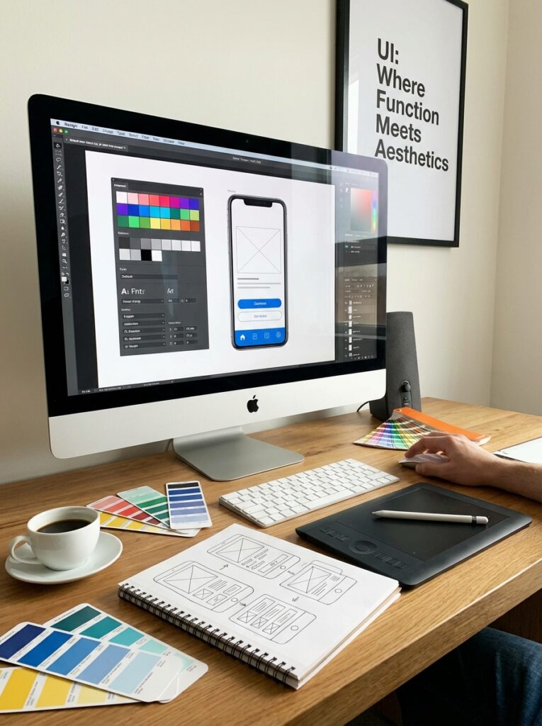 ai-photo-studio-1766941740187-2 UI design workspace with computer, sketches, color palettes, and graphics tablet on a desk, reflecting creativity and functionality. | Sky Rye Design UI design workspace with computer, sketches, color palettes, and graphics tablet on a desk, reflecting creativity and functionality.