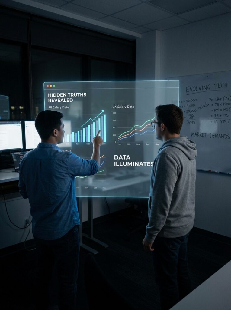 ai-photo-studio-1766941790952-1 Two people analyzing data on a digital screen with graphs and trends highlighting UI/UX salary insights in a dark office setting. | Sky Rye Design Two people analyzing data on a digital screen with graphs and trends highlighting UI/UX salary insights in a dark office setting.