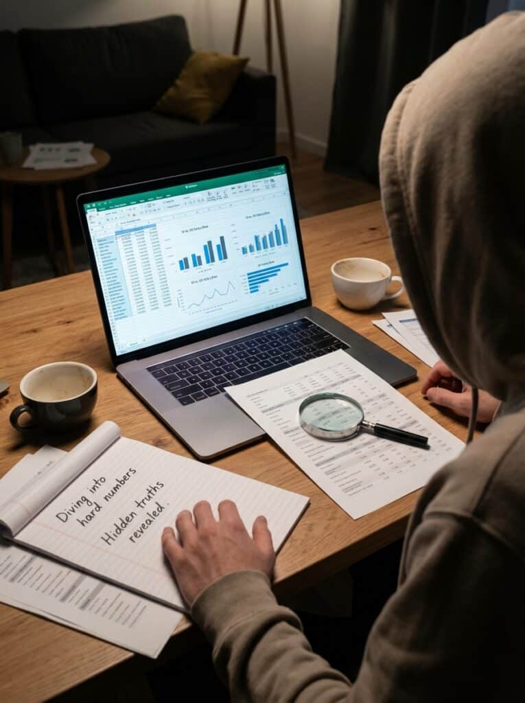 ai-photo-studio-1766941791869-2 Person analyzing data on a laptop with charts, notes, and a magnifying glass, indicating in-depth research and data insights. | Sky Rye Design Person analyzing data on a laptop with charts, notes, and a magnifying glass, indicating in-depth research and data insights.