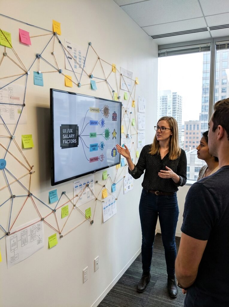ai-photo-studio-1766941844454-1 Team discussing UI/UX salary factors in office meeting, using a visual map and presentation for collaborative analysis. | Sky Rye Design Team discussing UI/UX salary factors in office meeting, using a visual map and presentation for collaborative analysis.