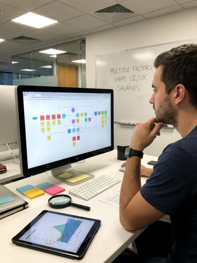 ai-photo-studio-1766941845999-2 Man analyzing flowchart on desktop in office, with chart and sticky notes, related to UI/UX factors and salaries. | Sky Rye Design Man analyzing flowchart on desktop in office, with chart and sticky notes, related to UI/UX factors and salaries.