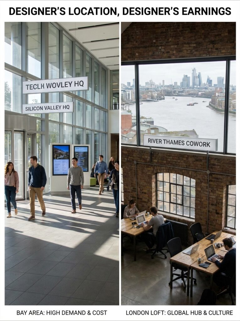 ai-photo-studio-1766941896802-1 Comparison of designer locations: Silicon Valley's tech HQ vs. London's cultural coworking space with city views. | Sky Rye Design Comparison of designer locations: Silicon Valley's tech HQ vs. London's cultural coworking space with city views.