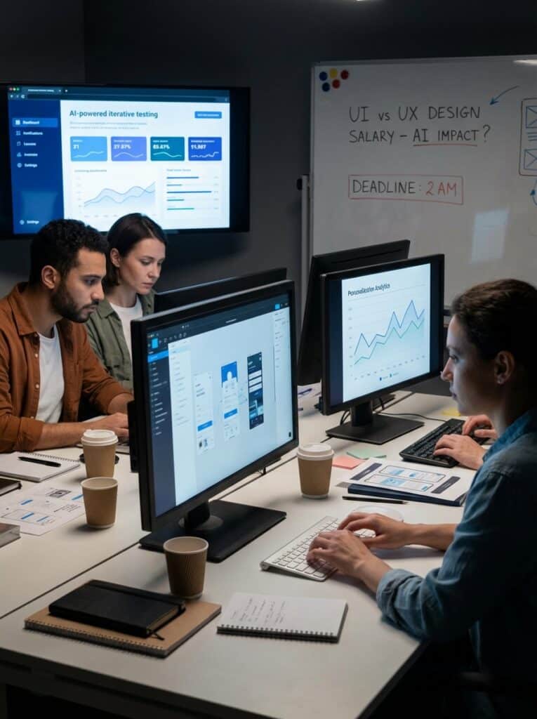 ai-photo-studio-1766942000535-1 Team of professionals conducting UI/UX design tests with AI tools in a modern office, focusing on data analysis and project deadlines. | Sky Rye Design Team of professionals conducting UI/UX design tests with AI tools in a modern office, focusing on data analysis and project deadlines.