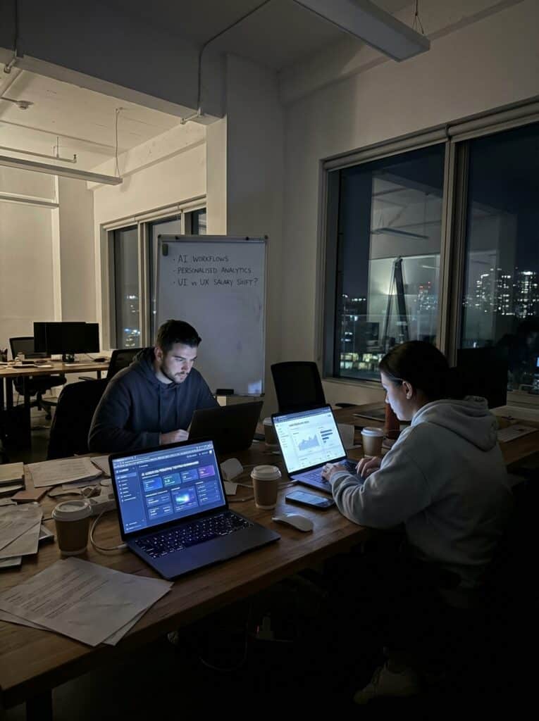 ai-photo-studio-1766942001596-2 Office workers analyzing data on laptops late at night, discussing AI workflows, personalized analytics, and UI/UX salary shifts. | Sky Rye Design Office workers analyzing data on laptops late at night, discussing AI workflows, personalized analytics, and UI/UX salary shifts.