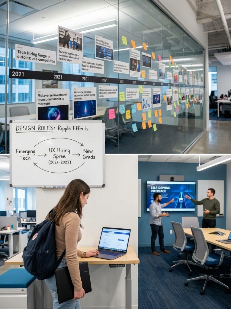 ai-photo-studio-1766942046887-1 Office with tech job growth timeline, design role diagram, and team collaborating on self-driving interface project. | Sky Rye Design Office with tech job growth timeline, design role diagram, and team collaborating on self-driving interface project.