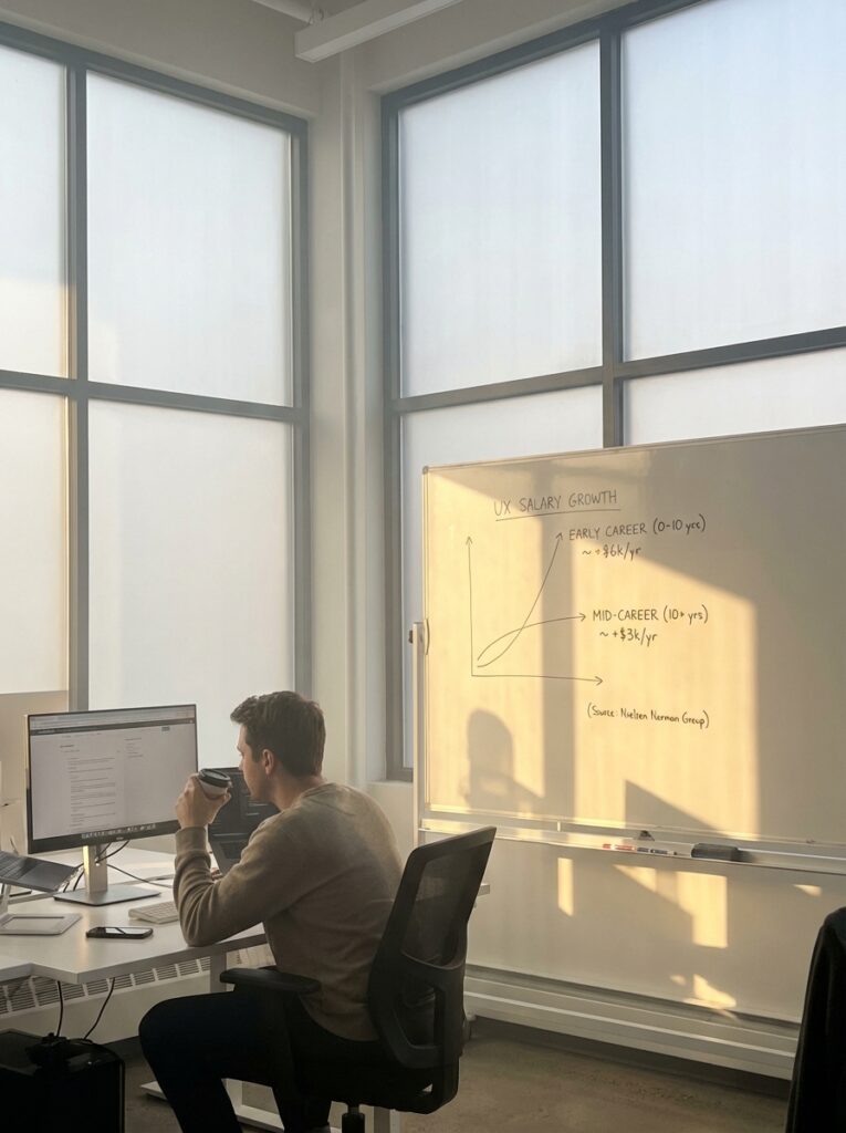 ai-photo-studio-1766942104784-1 Man in office studies UX salary growth chart on whiteboard, sitting at desk with coffee by a large window. | Sky Rye Design Man in office studies UX salary growth chart on whiteboard, sitting at desk with coffee by a large window.