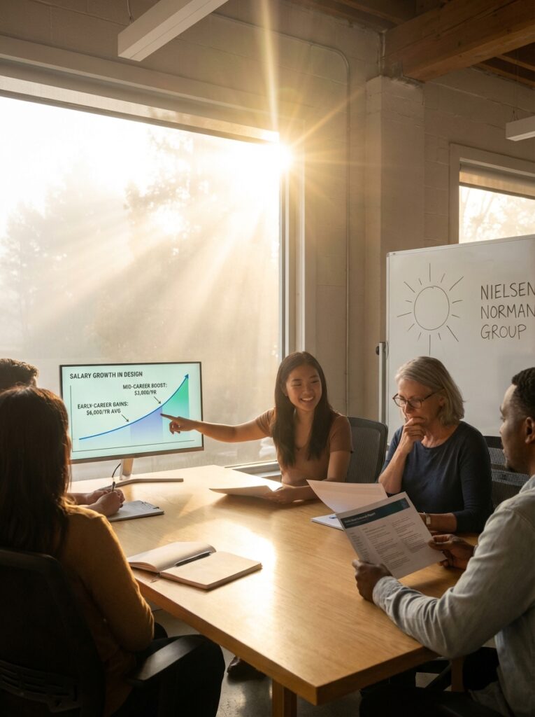 ai-photo-studio-1766942106915-2 Team discussing salary growth in design, with a chart presentation in a sunlit meeting room. | Sky Rye Design Team discussing salary growth in design, with a chart presentation in a sunlit meeting room.