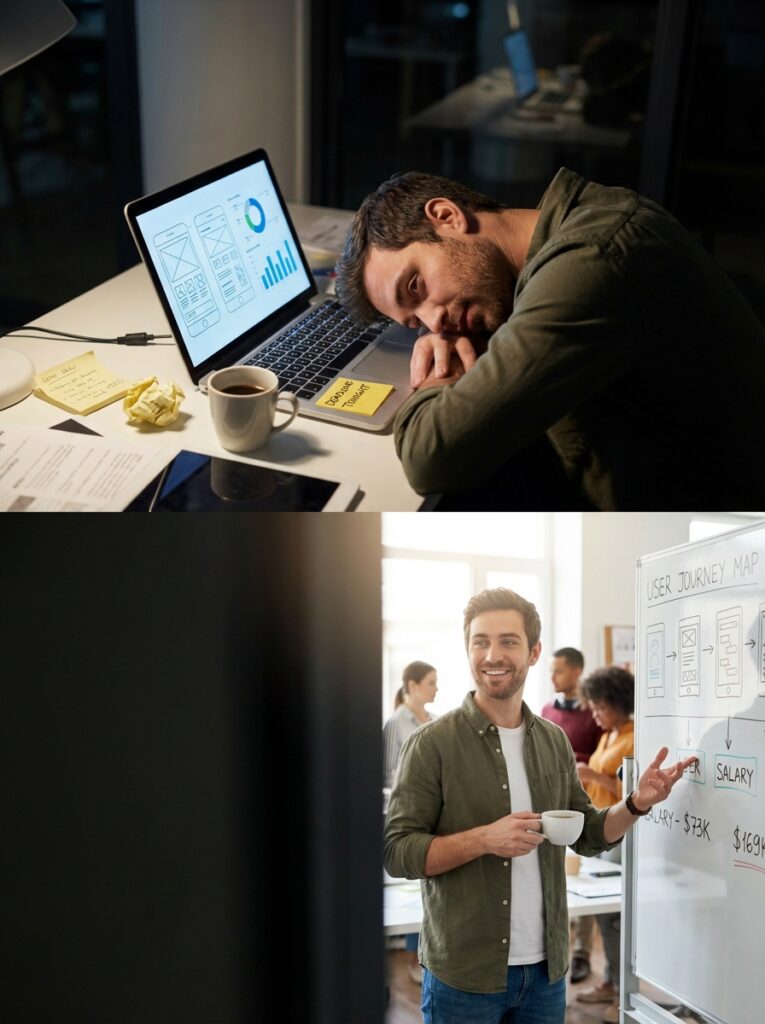 ai-photo-studio-1766942212915-1 Designer taking a break at a desk with laptop, later presenting a user journey map at a whiteboard. Teamwork and productivity concept. | Sky Rye Design Designer taking a break at a desk with laptop, later presenting a user journey map at a whiteboard. Teamwork and productivity concept.