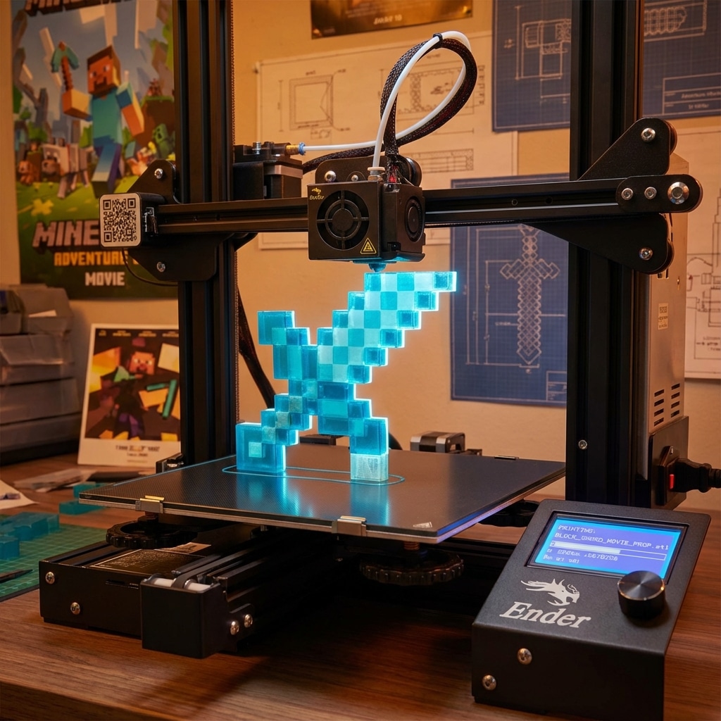 ai-photo-studio-1766944464687-2 3D printer creating a glowing blue pixelated sword, inspired by a popular voxel-based game, with posters and blueprints in the background. | Sky Rye Design 3D printer creating a glowing blue pixelated sword, inspired by a popular voxel-based game, with posters and blueprints in the background.