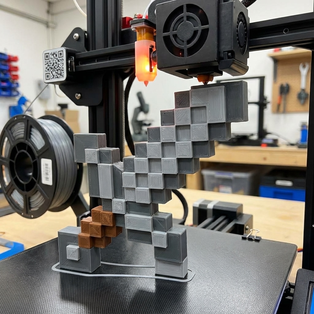 ai-photo-studio-1766944496976-2 3D printer crafting pixelated sword model in workshop, showcasing precise and intricate design details. | Sky Rye Design 3D printer crafting pixelated sword model in workshop, showcasing precise and intricate design details.