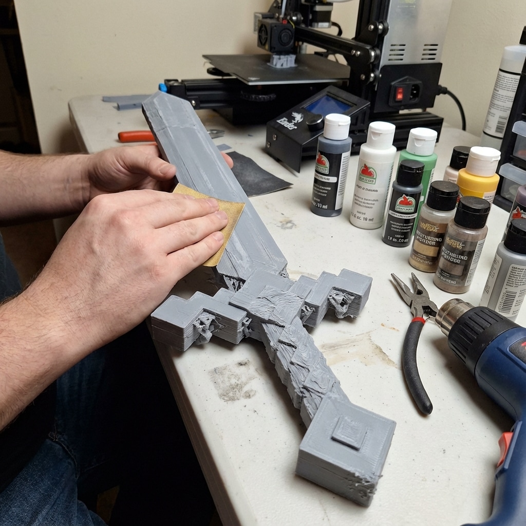 ai-photo-studio-1766944558888-1 Person sanding a 3D-printed sword on a workbench, surrounded by paint bottles and tools, with a 3D printer in the background. | Sky Rye Design Person sanding a 3D-printed sword on a workbench, surrounded by paint bottles and tools, with a 3D printer in the background.