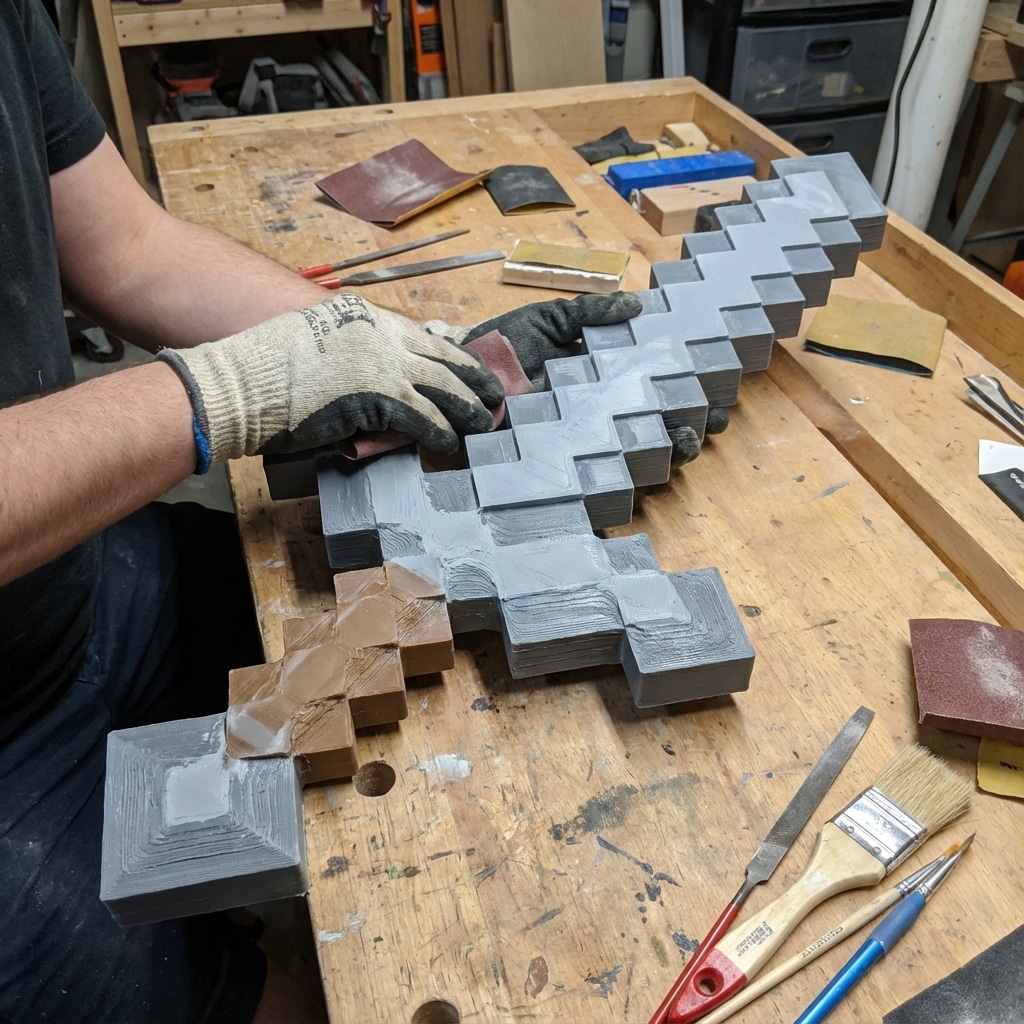 ai-photo-studio-1766944561212-2 Person crafting a pixelated sword on a workbench with tools and sandpaper, showcasing woodworking skills and creativity. | Sky Rye Design Person crafting a pixelated sword on a workbench with tools and sandpaper, showcasing woodworking skills and creativity.