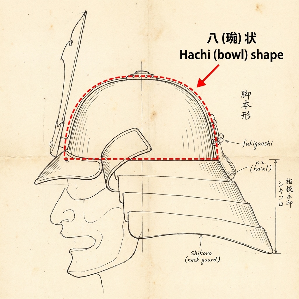 ai-photo-studio-1766946434033-2 Illustrated diagram of a traditional samurai helmet (kabuto) showing labeled parts like hachi, fukigaeshi, and shikoro for educational purposes. | Sky Rye Design Illustrated diagram of a traditional samurai helmet (kabuto) showing labeled parts like hachi, fukigaeshi, and shikoro for educational purposes.