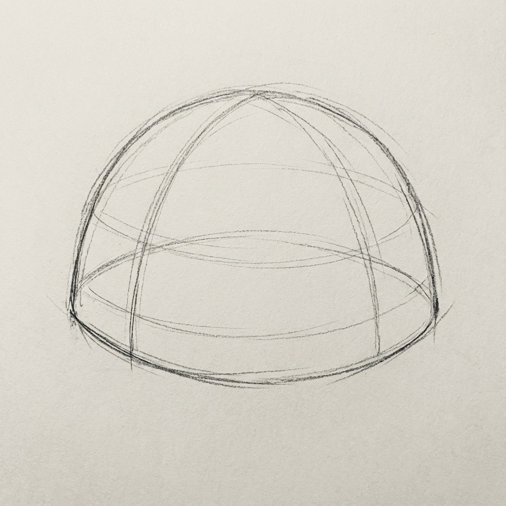 ai-photo-studio-1766946472745-1 Simple dome sketch showing intersecting lines on white paper, illustrating basic geometric structure for art or architecture concepts. | Sky Rye Design Simple dome sketch showing intersecting lines on white paper, illustrating basic geometric structure for art or architecture concepts.
