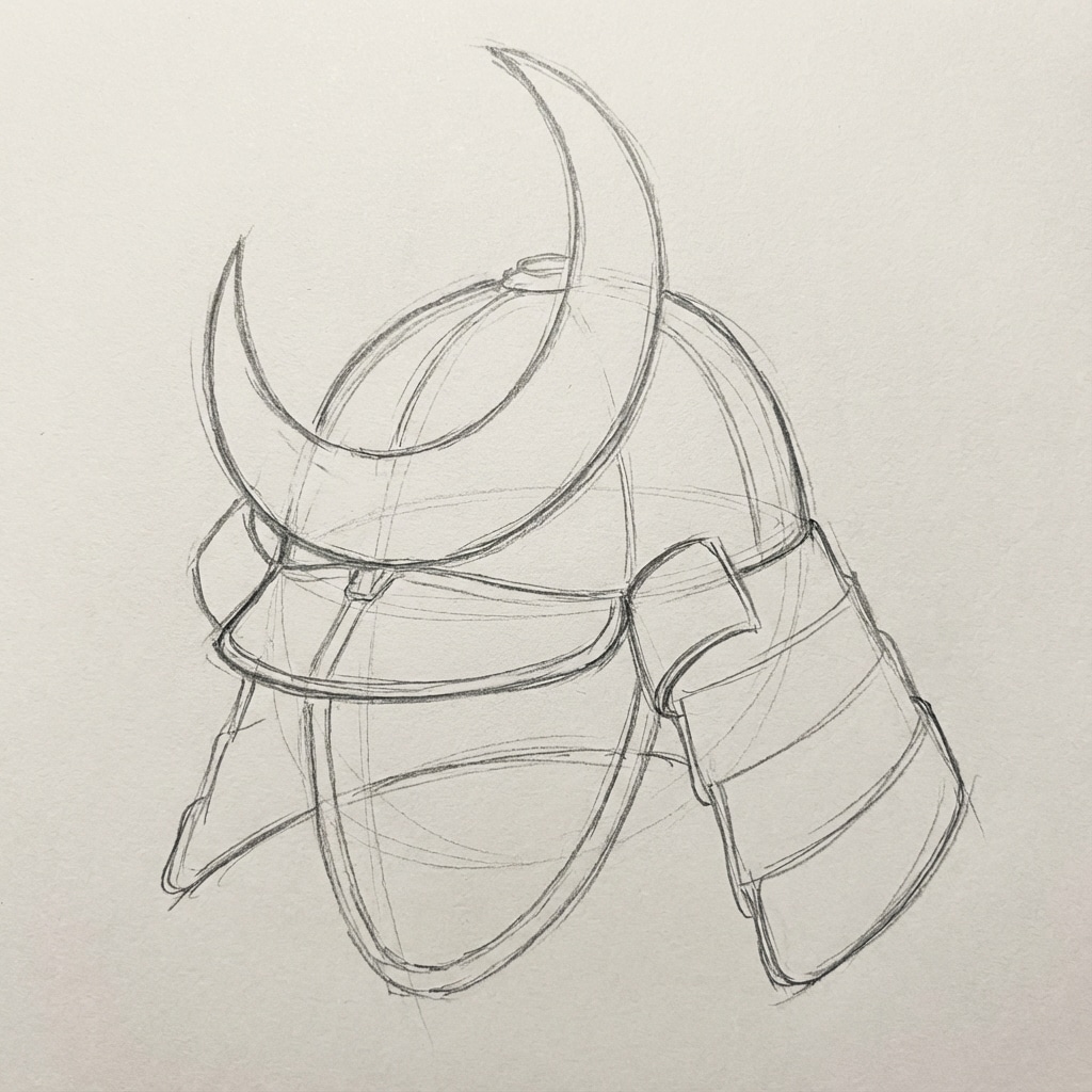 ai-photo-studio-1766946643037-1 Illustration of a samurai helmet sketch with distinctive crescent moon crest, detailed line work on white background. | Sky Rye Design Illustration of a samurai helmet sketch with distinctive crescent moon crest, detailed line work on white background.