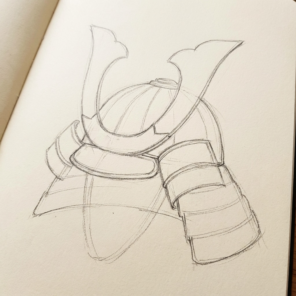 ai-photo-studio-1766946644984-2 Pencil sketch of traditional samurai helmet on notebook page, showcasing intricate design details and historical armor artistry. | Sky Rye Design Pencil sketch of traditional samurai helmet on notebook page, showcasing intricate design details and historical armor artistry.