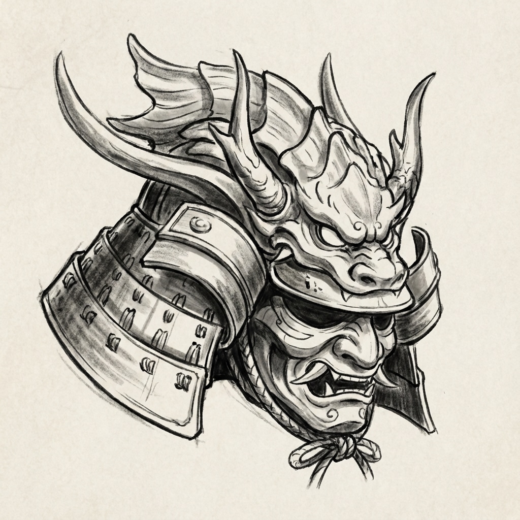 ai-photo-studio-1766947048241-2 Drawing of a fierce samurai helmet with intricate dragon design and horns, showcasing traditional Japanese armor artistry. | Sky Rye Design Drawing of a fierce samurai helmet with intricate dragon design and horns, showcasing traditional Japanese armor artistry.