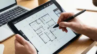 Architect using a tablet to design floor plans at a desk with a laptop and coffee. Digital drafting with stylus technology.