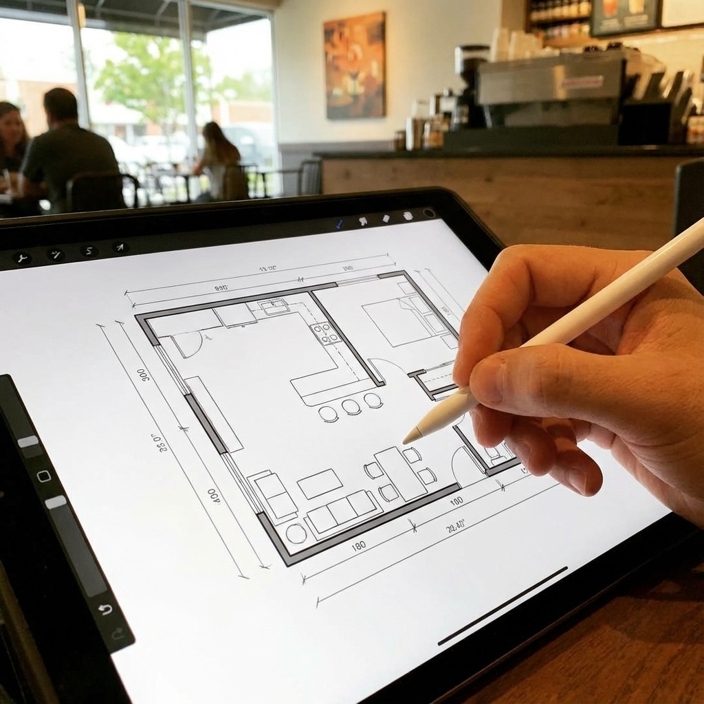 ai-photo-studio-1766994092041-2 Person drawing architectural floor plan on tablet in a cafe, enhancing digital design with a stylus. | Sky Rye Design Person drawing architectural floor plan on tablet in a cafe, enhancing digital design with a stylus.