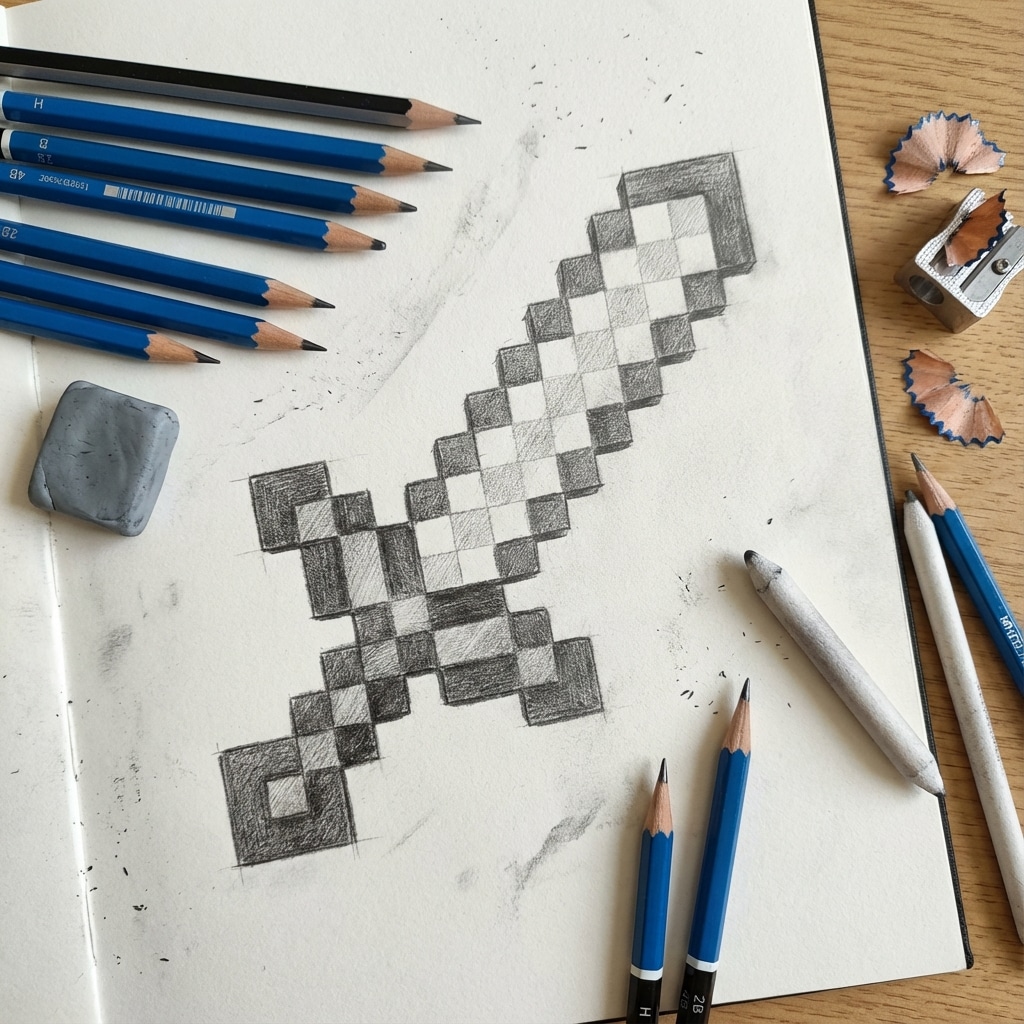 ai-photo-studio-1767010684195-2 Hand-drawn pixelated sword sketch with pencils, sharpener, and eraser on a white paper. Perfect for gamers and art lovers. | Sky Rye Design Hand-drawn pixelated sword sketch with pencils, sharpener, and eraser on a white paper. Perfect for gamers and art lovers.