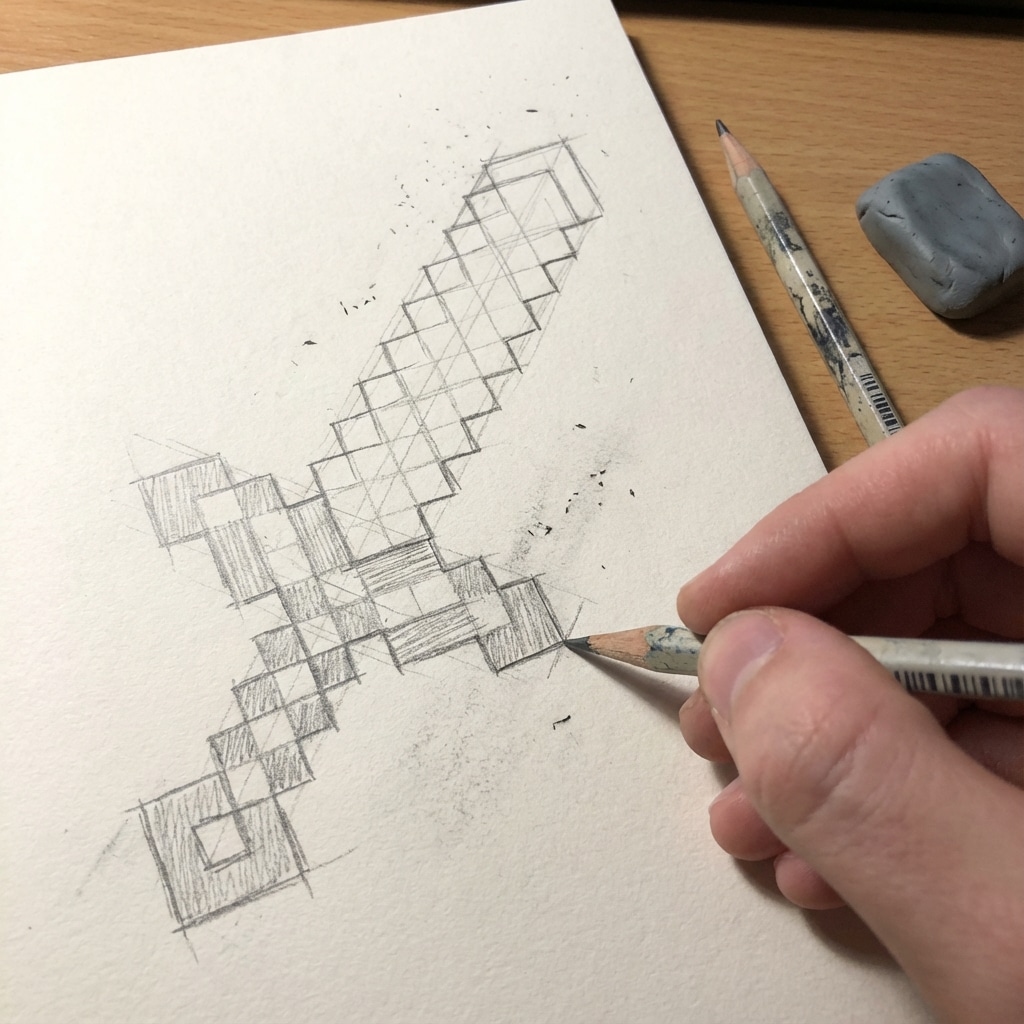 ai-photo-studio-1767011279886-1 Person drawing pixelated sword design on paper with pencil and eraser nearby. | Sky Rye Design Person drawing pixelated sword design on paper with pencil and eraser nearby.