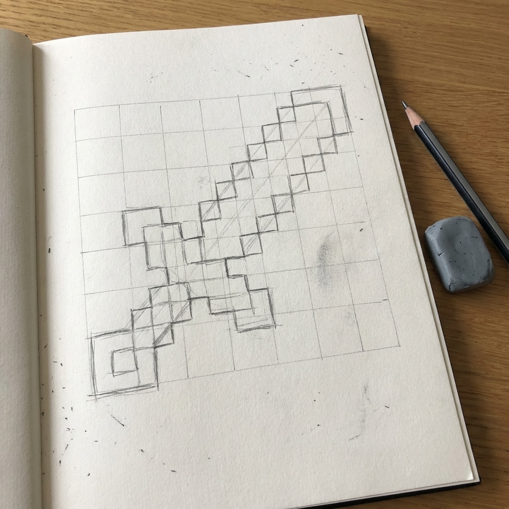 ai-photo-studio-1767011313021-1 Pencil sketch of a pixelated sword design on gridded paper, with an eraser and pencil nearby, perfect for gaming art projects. | Sky Rye Design Pencil sketch of a pixelated sword design on gridded paper, with an eraser and pencil nearby, perfect for gaming art projects.