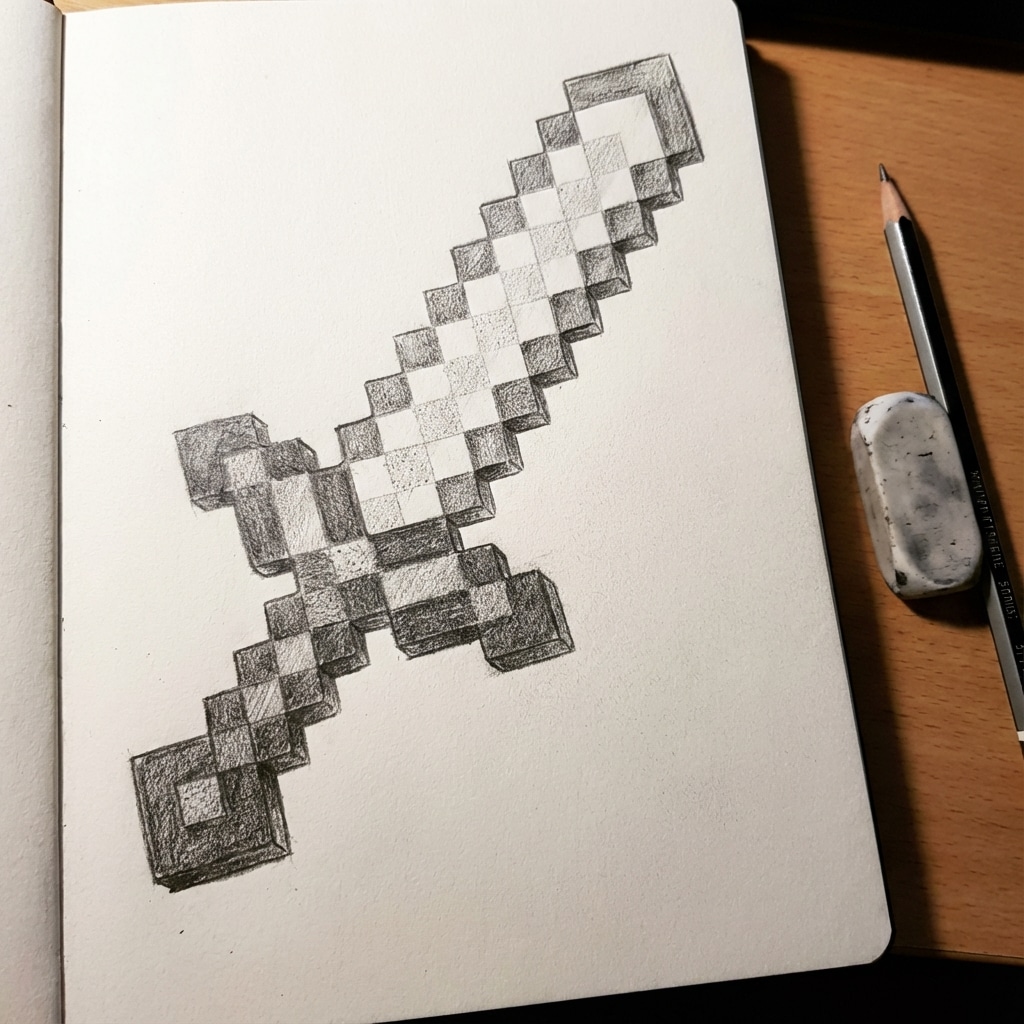 ai-photo-studio-1767011546660-1 Pencil sketch of a pixelated sword, resembling a Minecraft design, on a sketchbook page with a pencil and eraser nearby. | Sky Rye Design Pencil sketch of a pixelated sword, resembling a Minecraft design, on a sketchbook page with a pencil and eraser nearby.