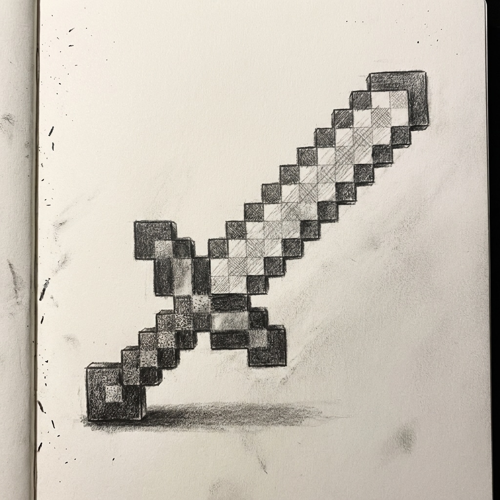 ai-photo-studio-1767011551112-2 Pencil sketch of a pixelated sword, resembling a video game design, with detailed shading on a white background. | Sky Rye Design Pencil sketch of a pixelated sword, resembling a video game design, with detailed shading on a white background.