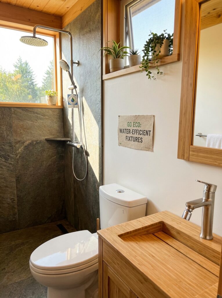 ai-photo-studio-1767012392516-1 Eco-friendly bathroom with water-efficient fixtures, featuring plants, a modern shower, and wooden accents under natural light. | Sky Rye Design Eco-friendly bathroom with water-efficient fixtures, featuring plants, a modern shower, and wooden accents under natural light.