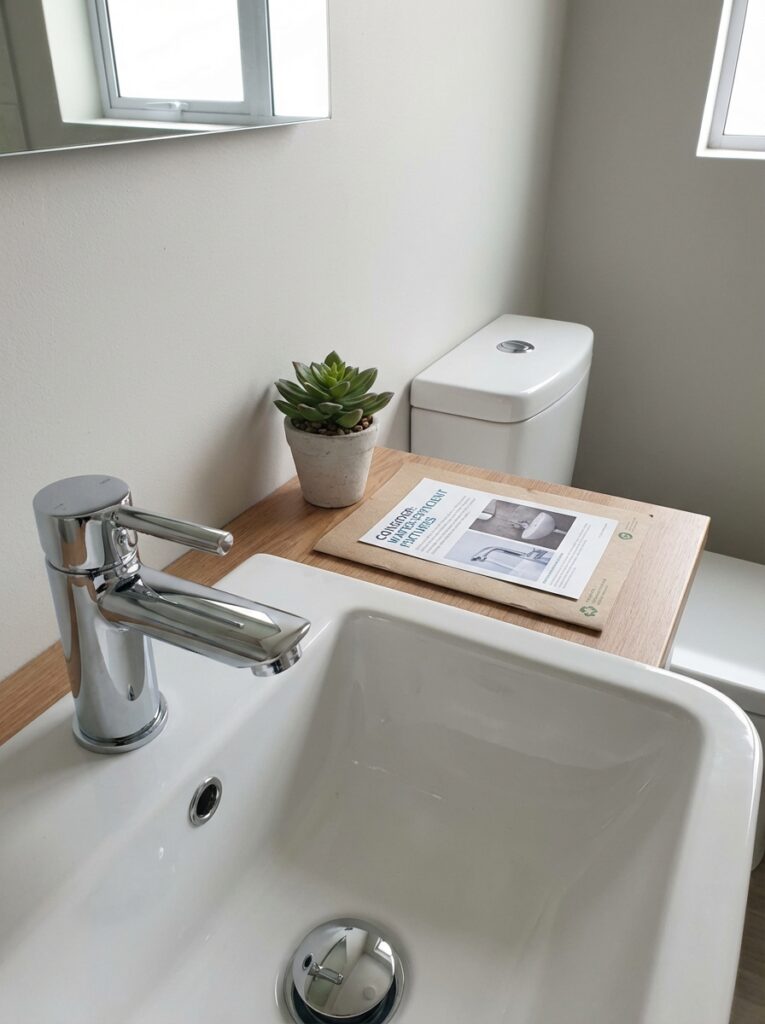 ai-photo-studio-1767012394313-2 Modern bathroom design with chrome faucet, white sink, toilet, succulent plant, and a brochure on wooden counter. Clean and minimalistic. | Sky Rye Design Modern bathroom design with chrome faucet, white sink, toilet, succulent plant, and a brochure on wooden counter. Clean and minimalistic.