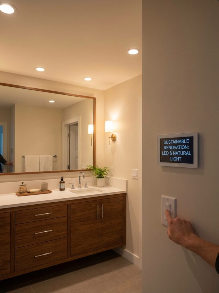 ai-photo-studio-1767012447096-2 Modern bathroom with sustainable LED lighting, natural decor, and smart home controls for energy efficiency and eco-friendly renovation. | Sky Rye Design Modern bathroom with sustainable LED lighting, natural decor, and smart home controls for energy efficiency and eco-friendly renovation.