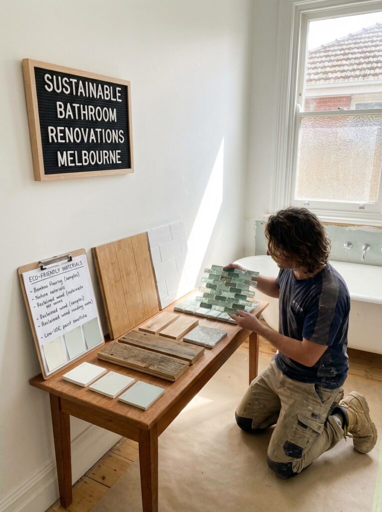 ai-photo-studio-1767012491360-2 Person selecting eco-friendly tiles for a sustainable bathroom renovation in Melbourne with materials displayed on a table. | Sky Rye Design Person selecting eco-friendly tiles for a sustainable bathroom renovation in Melbourne with materials displayed on a table.