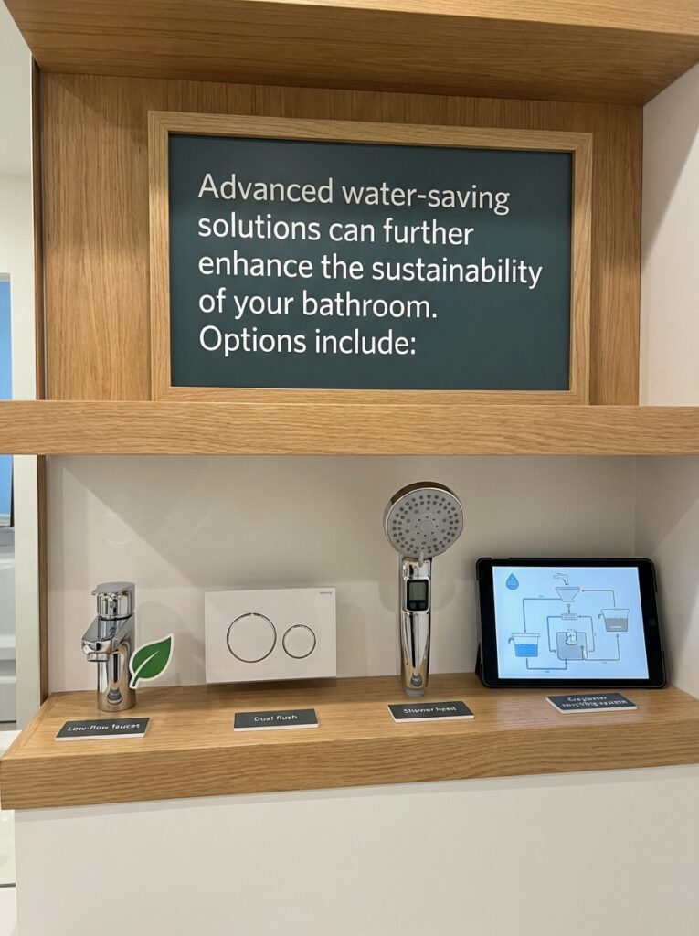 ai-photo-studio-1767012532758-1 Display showcasing water-saving bathroom solutions: low-flow faucet, dual flush, shower head, and an interactive system on a tablet. | Sky Rye Design Display showcasing water-saving bathroom solutions: low-flow faucet, dual flush, shower head, and an interactive system on a tablet.