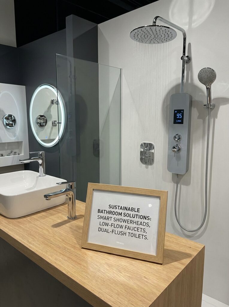 ai-photo-studio-1767012534413-2 Modern bathroom with eco-friendly fixtures: smart showerhead, low-flow faucet, dual-flush toilet for sustainable solutions. | Sky Rye Design Modern bathroom with eco-friendly fixtures: smart showerhead, low-flow faucet, dual-flush toilet for sustainable solutions.