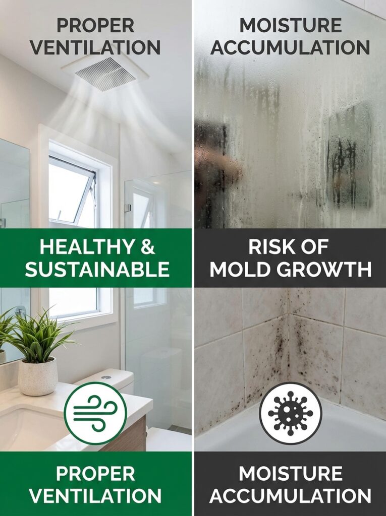 ai-photo-studio-1767012603262-2 Comparison of proper ventilation vs. moisture accumulation showing healthy environment vs. risk of mold growth in bathrooms. | Sky Rye Design Comparison of proper ventilation vs. moisture accumulation showing healthy environment vs. risk of mold growth in bathrooms.