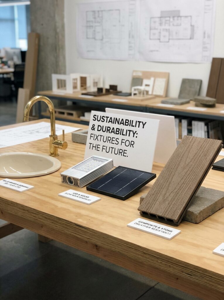 ai-photo-studio-1767012650931-1 Sustainable fixtures display with a focus on durability, featuring a faucet, solar panel, wood samples, and architectural models. | Sky Rye Design Sustainable fixtures display with a focus on durability, featuring a faucet, solar panel, wood samples, and architectural models.