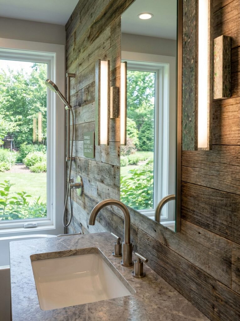 ai-photo-studio-1767012652131-2 Modern bathroom with rustic wood walls, marble sink, elegant faucet, and large window offering a garden view. | Sky Rye Design Modern bathroom with rustic wood walls, marble sink, elegant faucet, and large window offering a garden view.