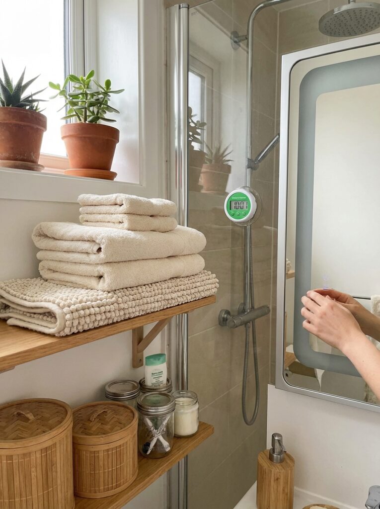 ai-photo-studio-1767012694279-1 Modern bathroom with stacked towels, indoor plants, and bamboo shelves. Decor features jars, baskets, and a digital shower timer. | Sky Rye Design Modern bathroom with stacked towels, indoor plants, and bamboo shelves. Decor features jars, baskets, and a digital shower timer.