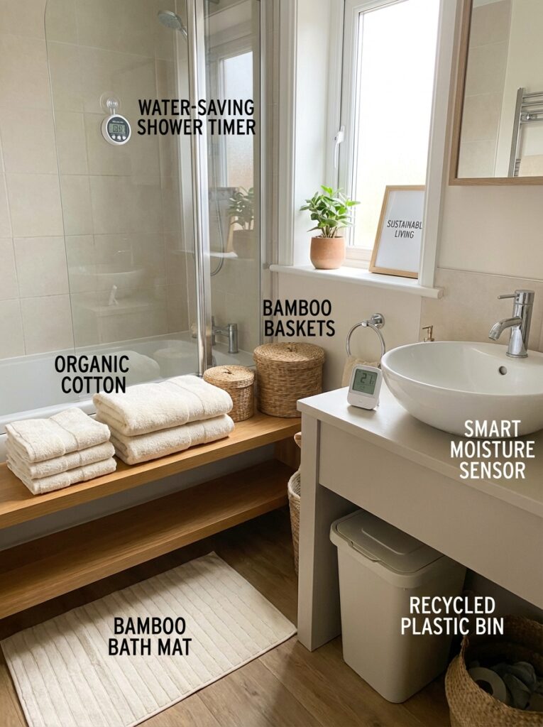 ai-photo-studio-1767012695546-2 Eco-friendly bathroom with organic cotton towels, bamboo baskets, and water-saving shower timer fostering sustainable living. | Sky Rye Design Eco-friendly bathroom with organic cotton towels, bamboo baskets, and water-saving shower timer fostering sustainable living.