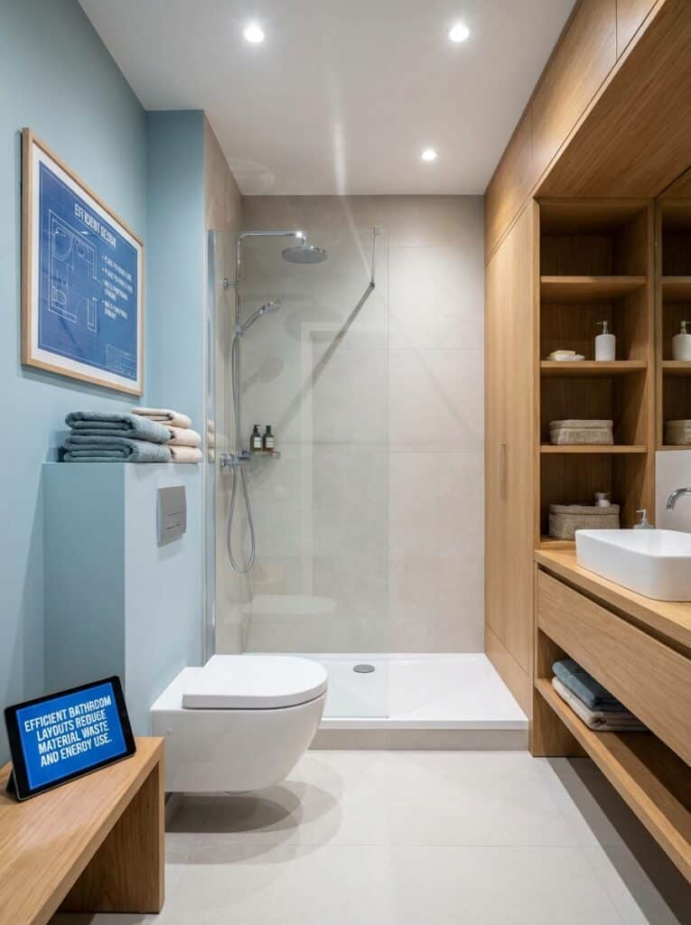 ai-photo-studio-1767012743813-1 Modern bathroom with minimalist design, featuring a walk-in shower, wall-mounted toilet, and wooden shelving for efficient storage. | Sky Rye Design Modern bathroom with minimalist design, featuring a walk-in shower, wall-mounted toilet, and wooden shelving for efficient storage.