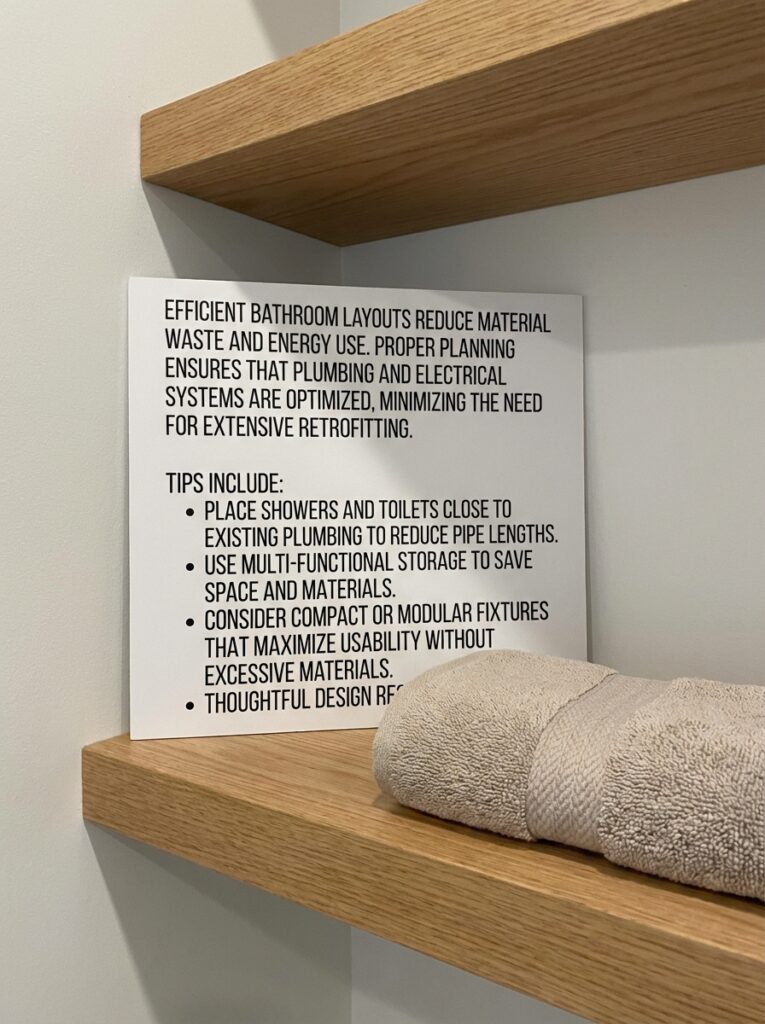 ai-photo-studio-1767012744945-2 Bathroom efficiency tips sign on wooden shelf with rolled towel; optimize plumbing, reduce waste, use multifunctional storage. | Sky Rye Design Bathroom efficiency tips sign on wooden shelf with rolled towel; optimize plumbing, reduce waste, use multifunctional storage.