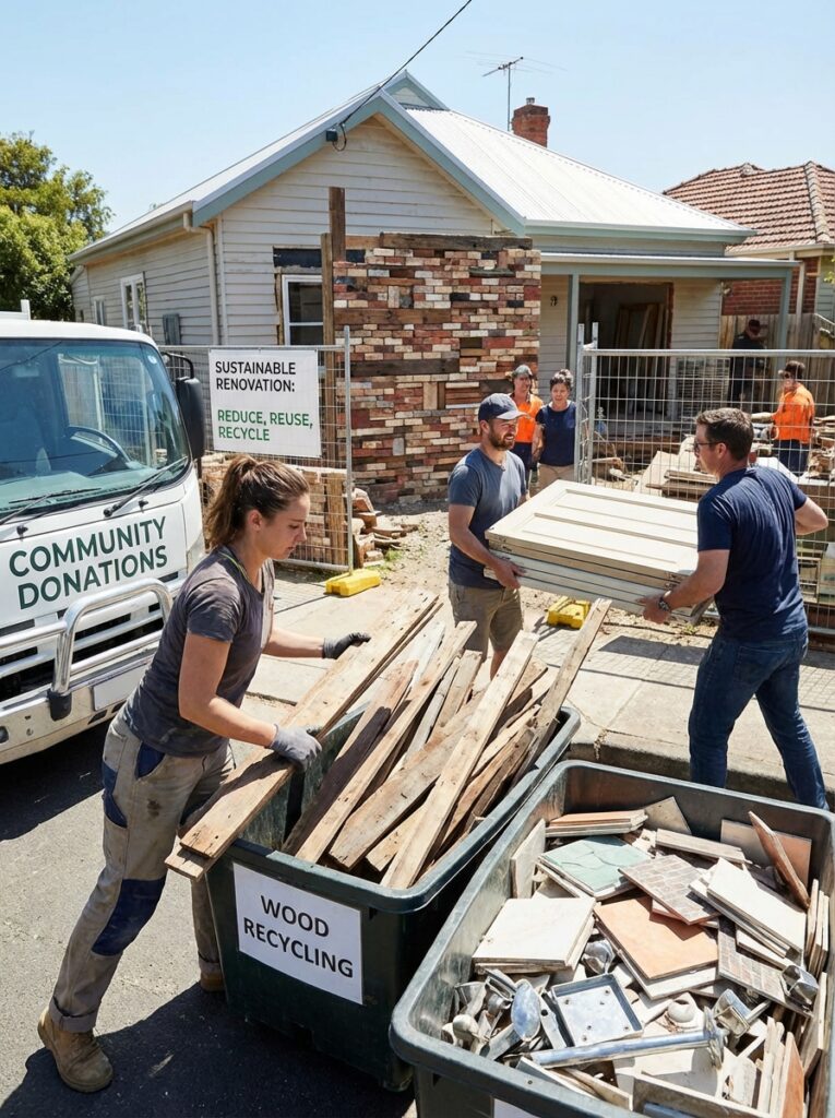ai-photo-studio-1767012805718-1 Community members recycle wood and materials during sustainable renovation for eco-friendly living. Signs read: Reduce, Reuse, Recycle. | Sky Rye Design Community members recycle wood and materials during sustainable renovation for eco-friendly living. Signs read: Reduce, Reuse, Recycle.