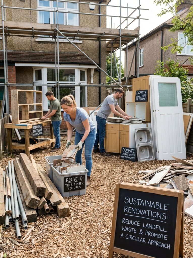 ai-photo-studio-1767012808137-2 People sorting materials for sustainable home renovation, recycling tiles, wood, and fixtures to reduce landfill waste. | Sky Rye Design People sorting materials for sustainable home renovation, recycling tiles, wood, and fixtures to reduce landfill waste.