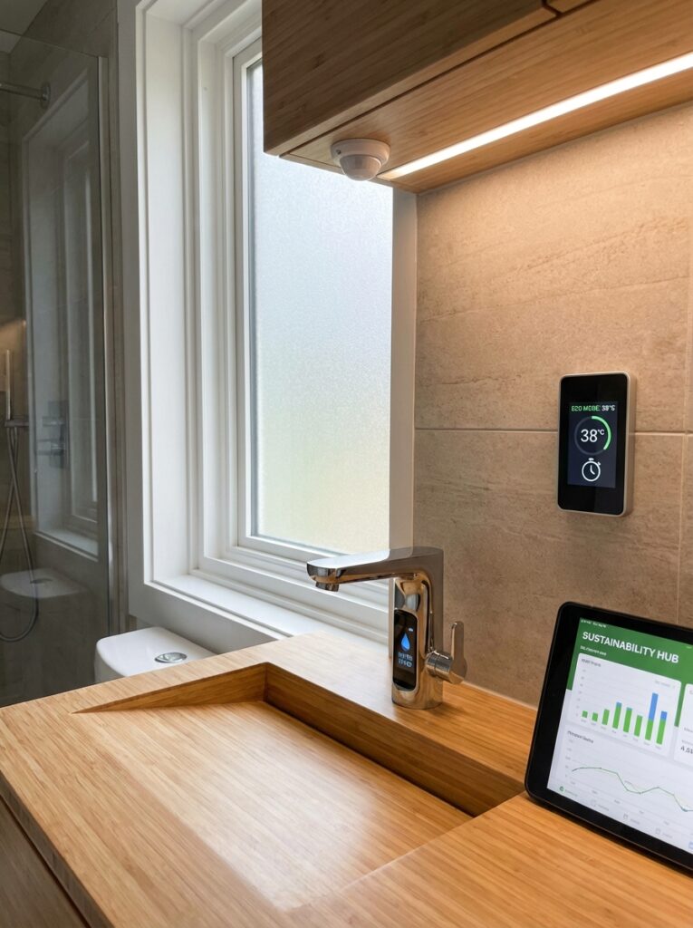 ai-photo-studio-1767012863899-1 Modern bathroom sink with smart faucet and sustainability hub. Eco-friendly design with innovative water temperature control. | Sky Rye Design Modern bathroom sink with smart faucet and sustainability hub. Eco-friendly design with innovative water temperature control.