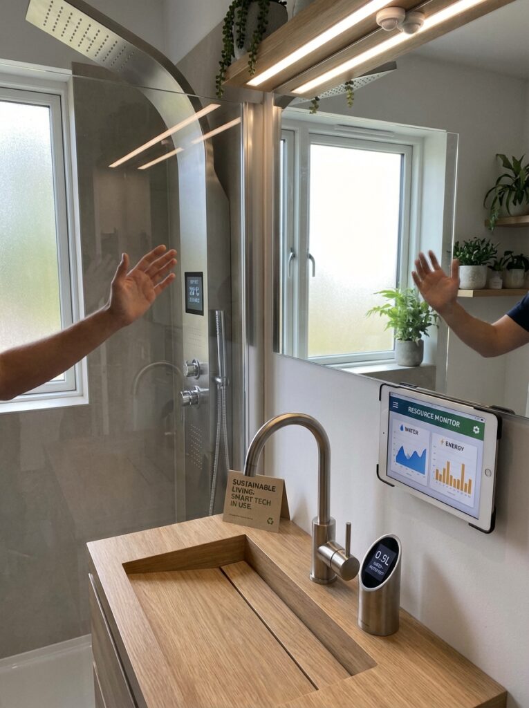 ai-photo-studio-1767012865099-2 Smart bathroom with eco-friendly tech: digital shower, resource monitor, modern sink, promoting sustainable living and energy efficiency. | Sky Rye Design Smart bathroom with eco-friendly tech: digital shower, resource monitor, modern sink, promoting sustainable living and energy efficiency.
