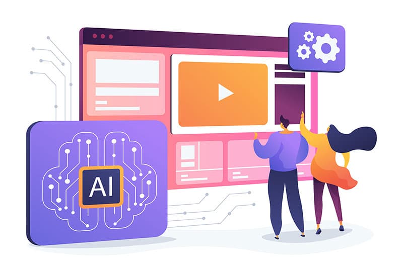 ai-video-generator-coursifyme Illustration of two people interacting with an AI-integrated interface, featuring digital elements and technology icons. | Sky Rye Design Illustration of two people interacting with an AI-integrated interface, featuring digital elements and technology icons.