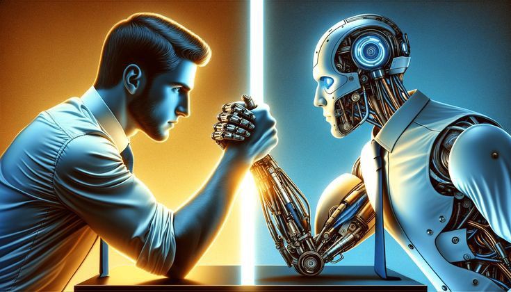 ai Human and robot arm wrestling, symbolizing a tech versus human challenge, divided by a glowing line, in a futuristic setting. | Sky Rye Design Human and robot arm wrestling, symbolizing a tech versus human challenge, divided by a glowing line, in a futuristic setting.
