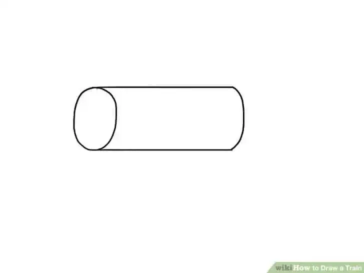 Simple outline of a cylindrical shape forming the first step to drawing a train, focusing on basic drawing techniques.