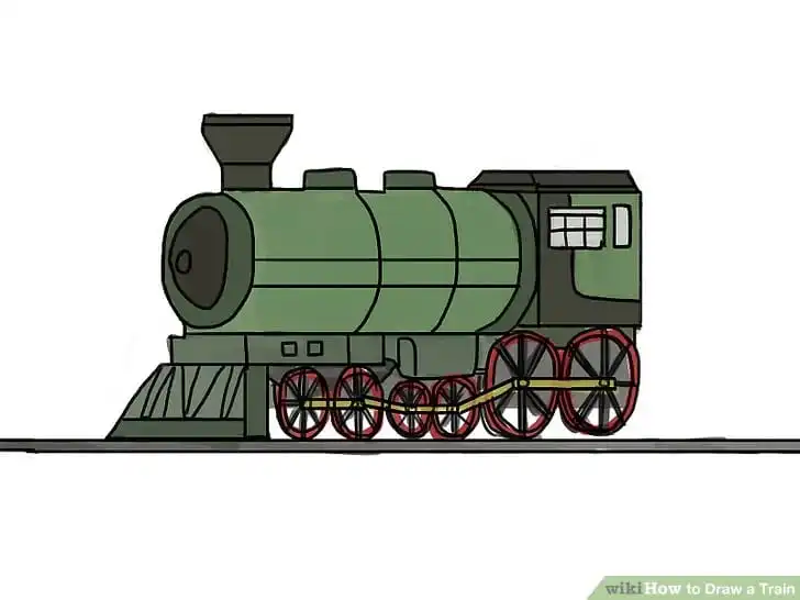 Illustration of a green steam locomotive on tracks, showcasing detailed wheels and structured engine design.